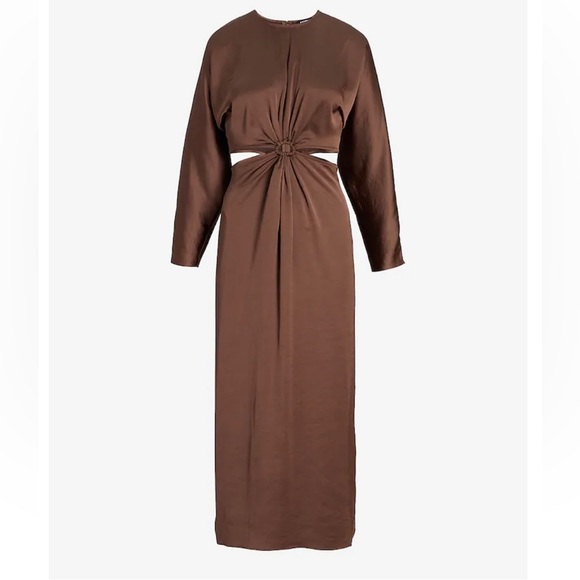 EXPRESS SATIN BROWN CUT OUT MIDI MAXIEVENING LONG SLEEVE PARTY DRESS - Picture 3 of 11